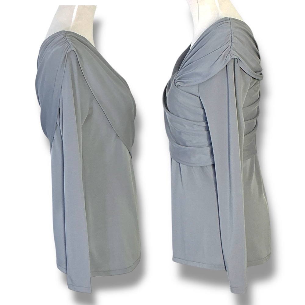 Ann Taylor Top Draped Cross Over Ruched Sleek Stretchy Gray Women's Medium - Picture 4 of 16